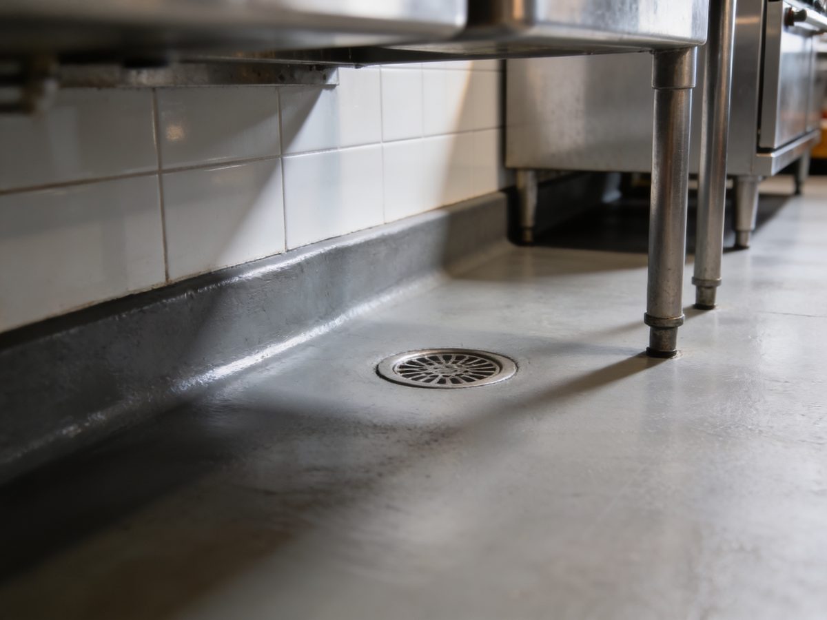 A commercial kitchen floor in seamless urethane cement with a coved base and a floor drain