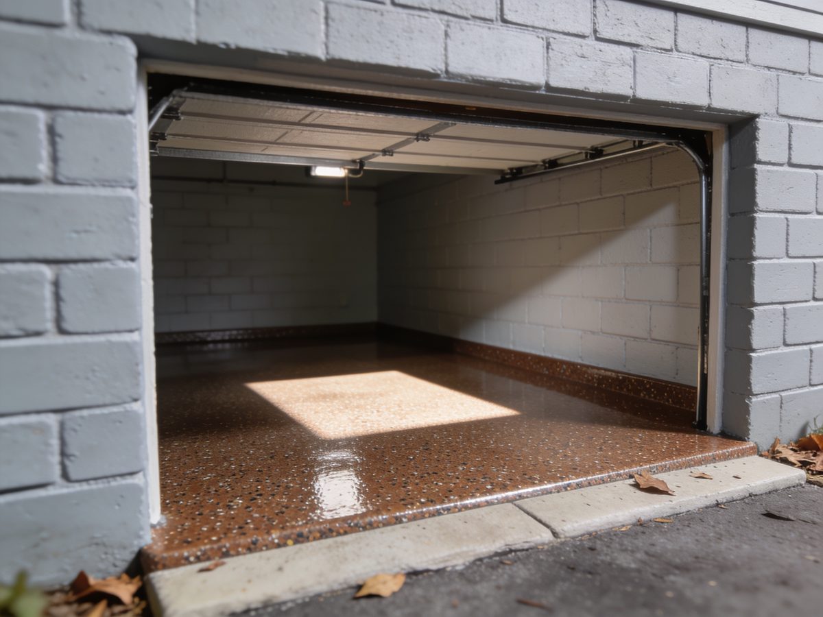 A single-bay attached garage with a bronze-flecked full-flake floor coating reflecting the open overhead door