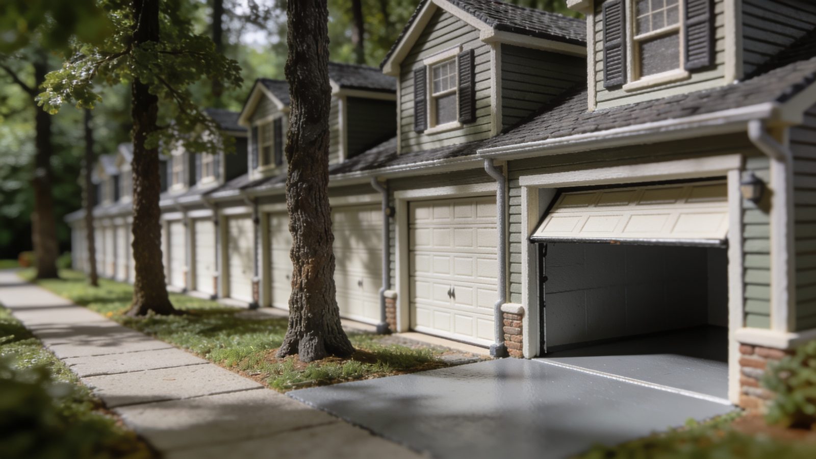 A row of uniform townhouse garages in a wooded planned community with matching siding and trim, one door raised on a coated grey floor, a paved footpath running past