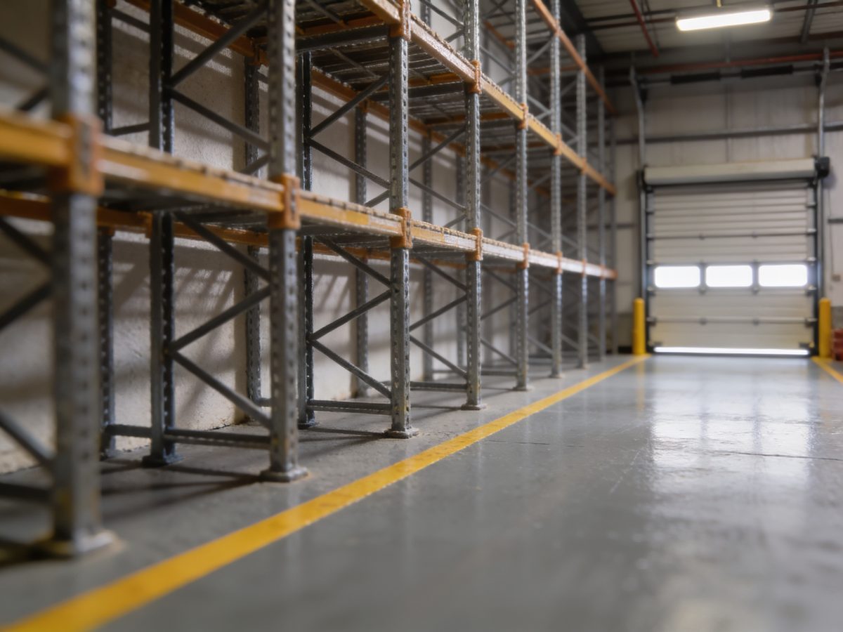 A warehouse bay with a high-build epoxy floor, steel racking and yellow safety lane striping