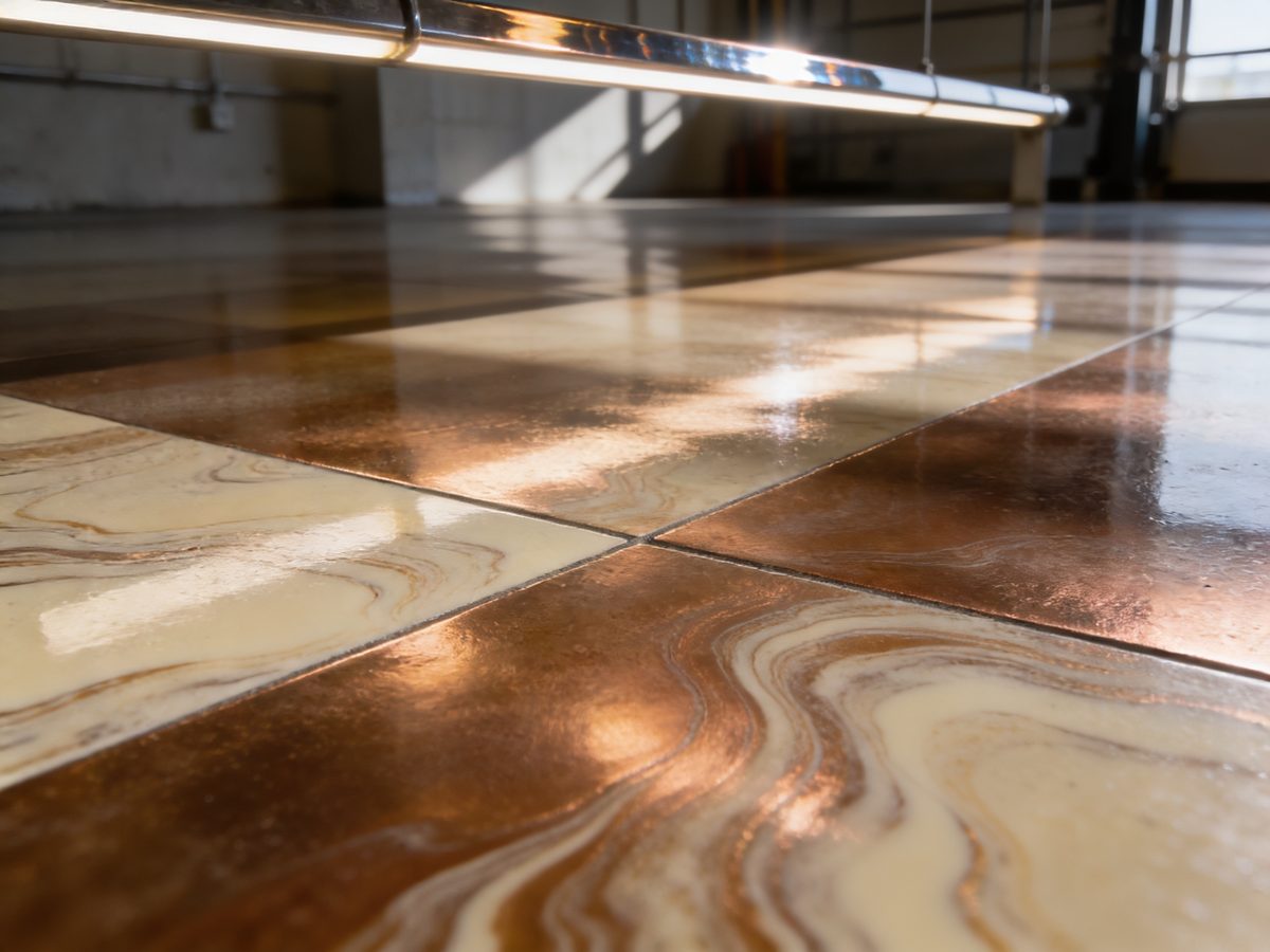 A metallic epoxy floor in warm bronze and cream pigments under a high-gloss topcoat