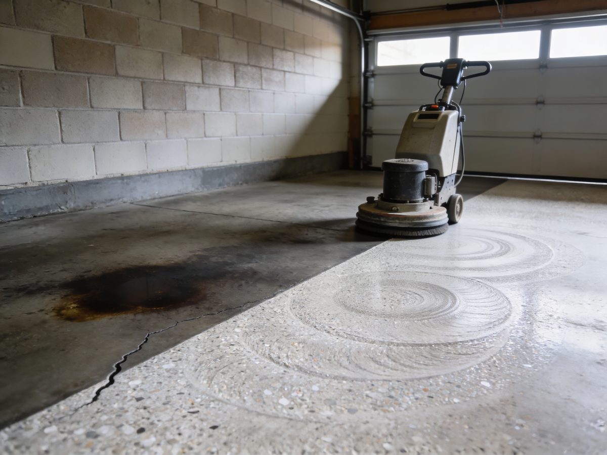 A slab part way through diamond grinding, freshly ground concrete meeting old stained concrete with a hairline crack