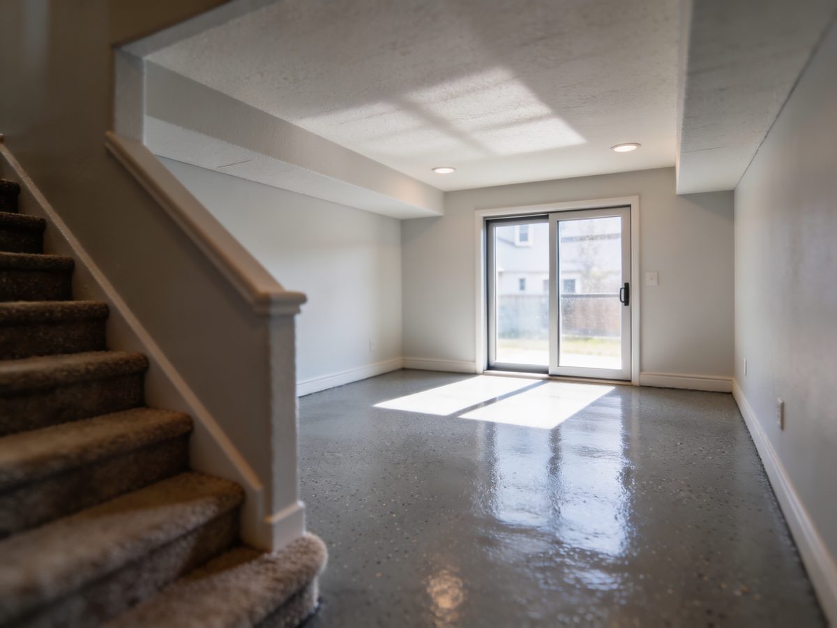 A townhouse lower level with a warm grey flake floor coating, a carpeted stair and a sliding glass door throwing daylight across the floor